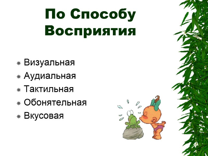 По Способу Восприятия Визуальная Аудиальная  Тактильная Обонятельная Вкусовая